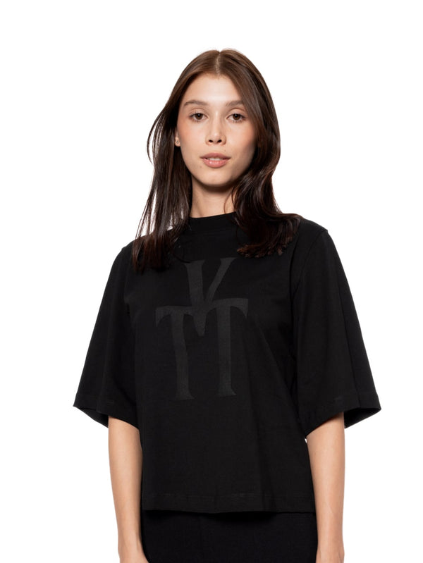 T-Shirt Corta Oversize Negra Mujer Algodón 190gr con Técnica Match en Media Densidad