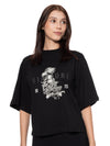 T-Shirt Oversize Corta Negra Mujer Algodón 190gr con Cuello Rib con Detalles