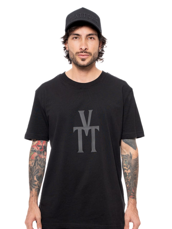 Camiseta Hombre Negra Algodón 190gr Cuello Rib Estampado Texturizado