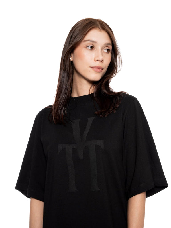 T-Shirt Corta Oversize Negra Mujer Algodón 190gr con Técnica Match en Media Densidad