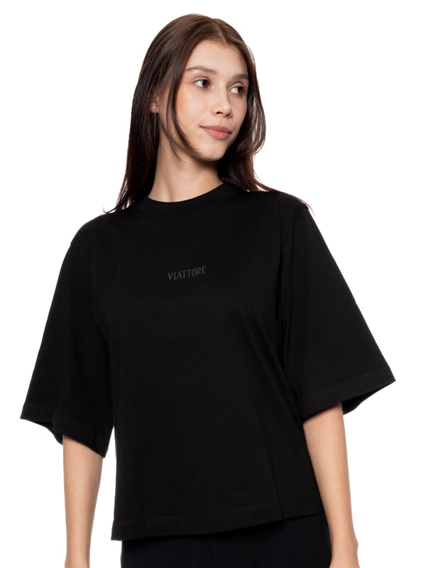 T-Shirt Oversize Corta Negra Mujer Algodón 190gr con Técnica de Alta y Media Densidad