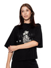 T-Shirt Oversize Corta Negra Mujer Algodón 190gr con Cuello Rib con Detalles