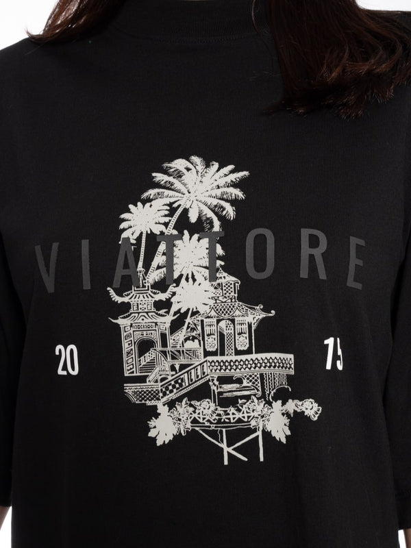 T-Shirt Oversize Corta Negra Mujer Algodón 190gr con Cuello Rib con Detalles