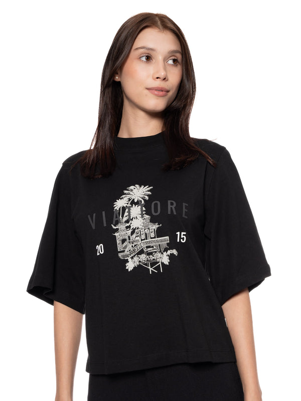 T-Shirt Oversize Corta Negra Mujer Algodón 190gr con Cuello Rib con Detalles