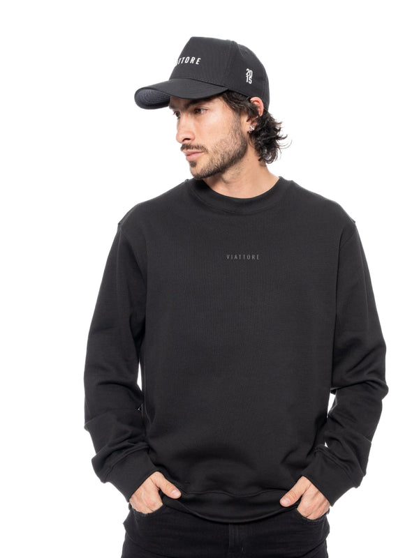 Sweater Negro Hombre Algodón 370gr Cuello Rib Estampado Frontal